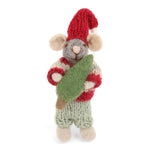 A handcrafted wool felt mouse figurine wearing a red knit hat and striped sweater, holding a green leaf, set against a plain white background.