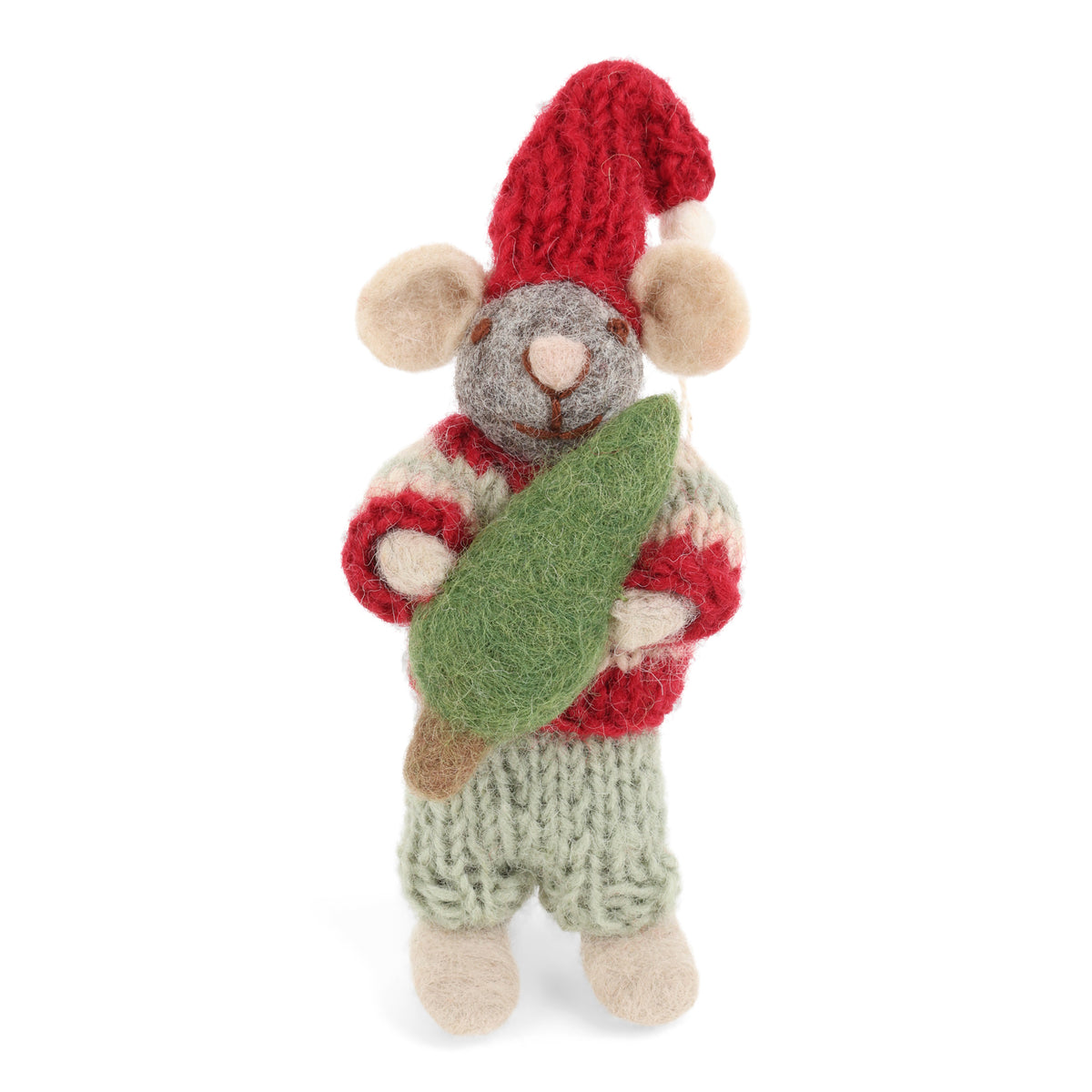 A handcrafted wool felt mouse figurine wearing a red knit hat and striped sweater, holding a green leaf, set against a plain white background.