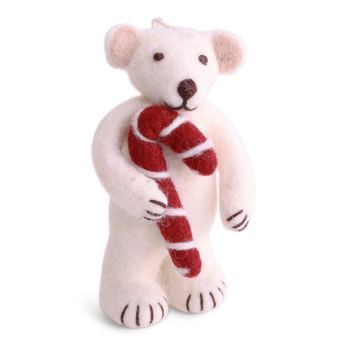 A white felt bear holding a red and white striped candy cane, photographed against a solid white background.