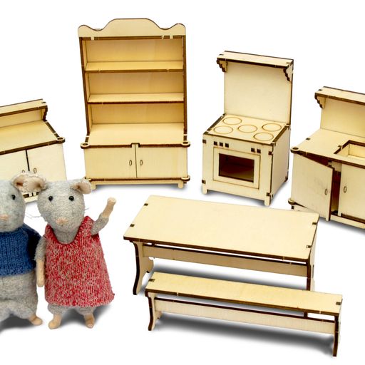 Set of wooden dollhouse furniture including a table, chairs, and kitchen appliances on a white background.