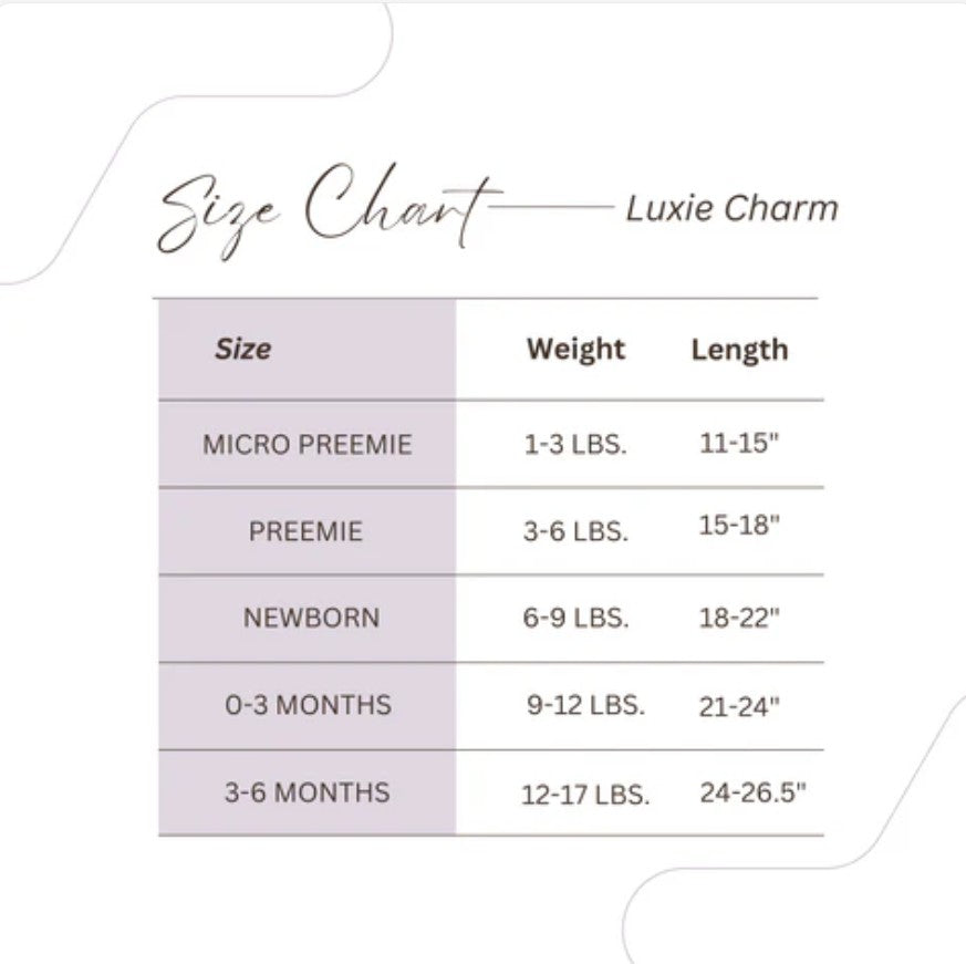 A size chart for Luxie Charm pet collars, showing weight and length guidelines for different collar sizes (Micro Premie, Premie, Newborn, 0-3 Months, 3-6 Months) on a white background with a light lavender table header.