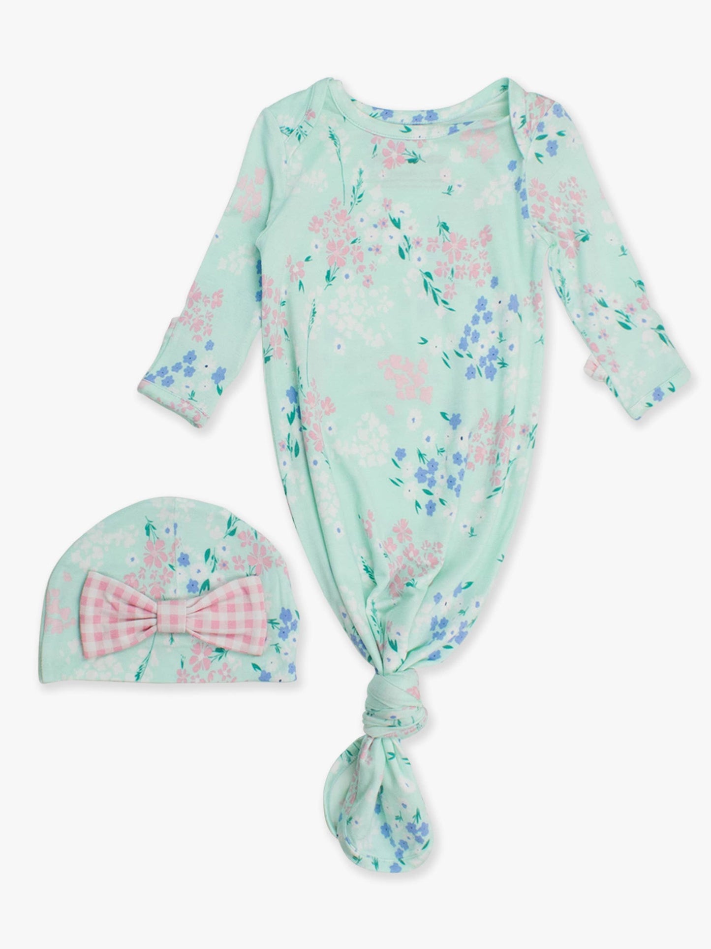 Mint green floral baby knotted gown and matching hat on a white background