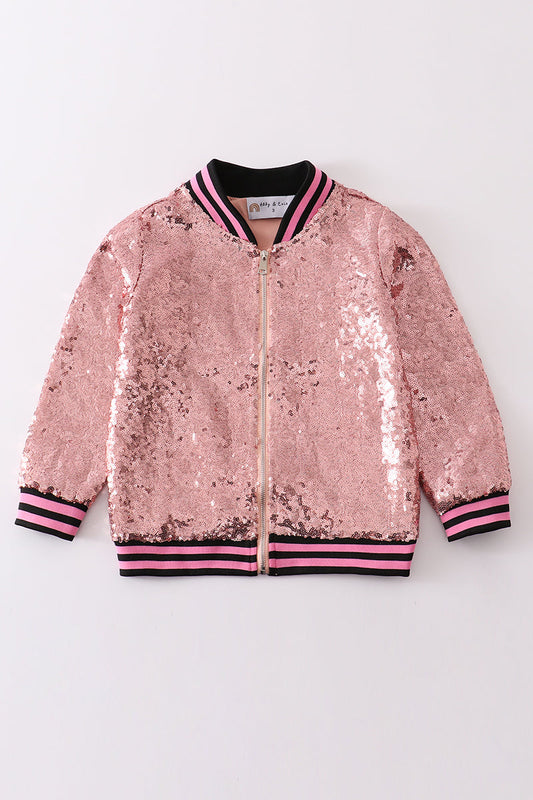 pink sequin bomber jacket with zipper