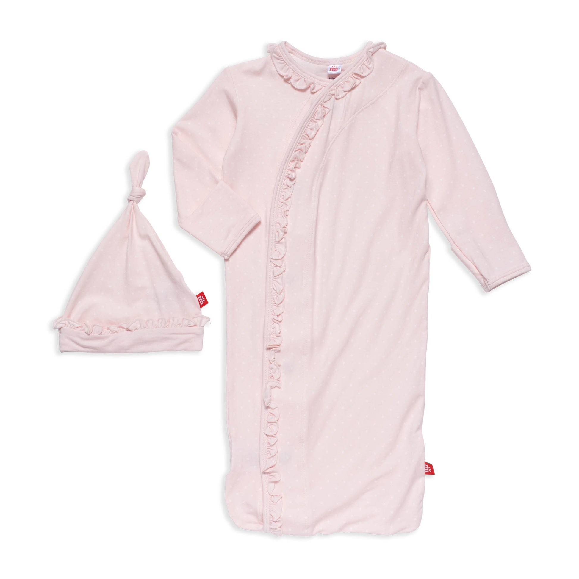 Pink baby gown with ruffles and matching hat on a white background