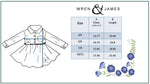 Children's dress with size chart and floral design on a white background, featuring the brand 'Wren & James'.
