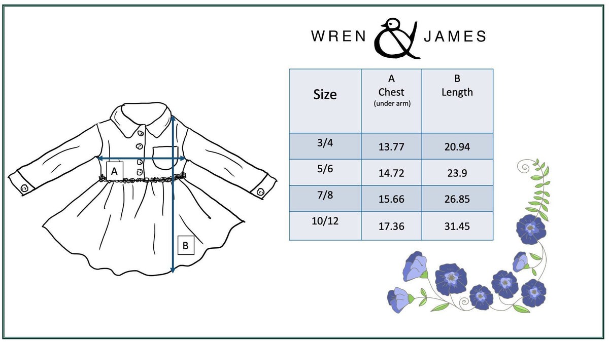 Children's dress with size chart and floral design on a white background, featuring the brand 'Wren & James'.