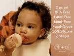 Baby holding a silicone pacifier self feeder with product details on a beige background