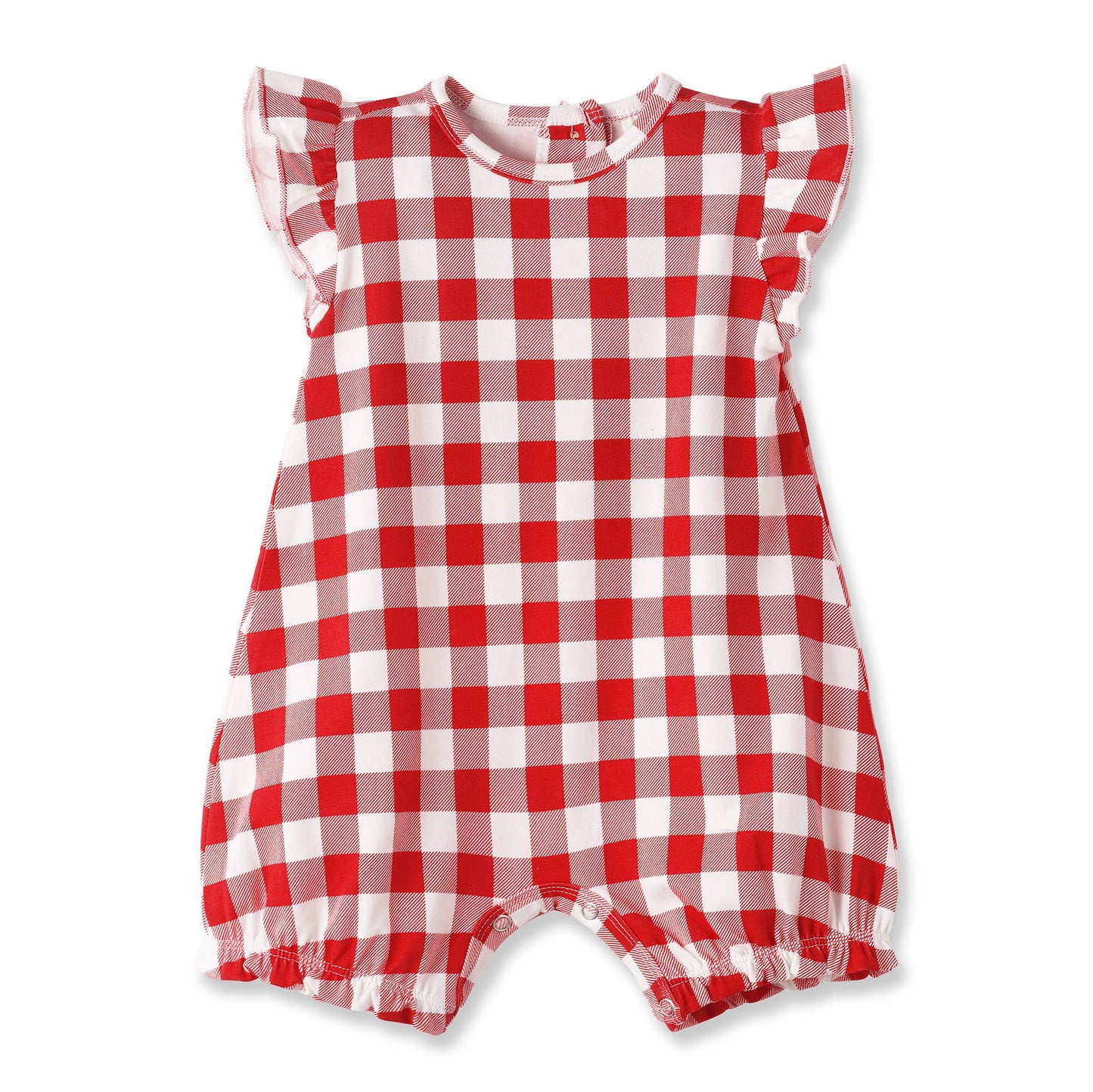 Red and white checkered romper on a white background