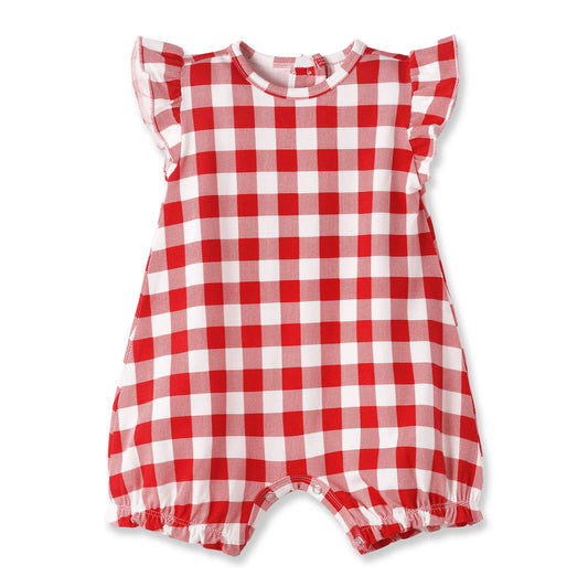 Red and white checkered romper on a white background
