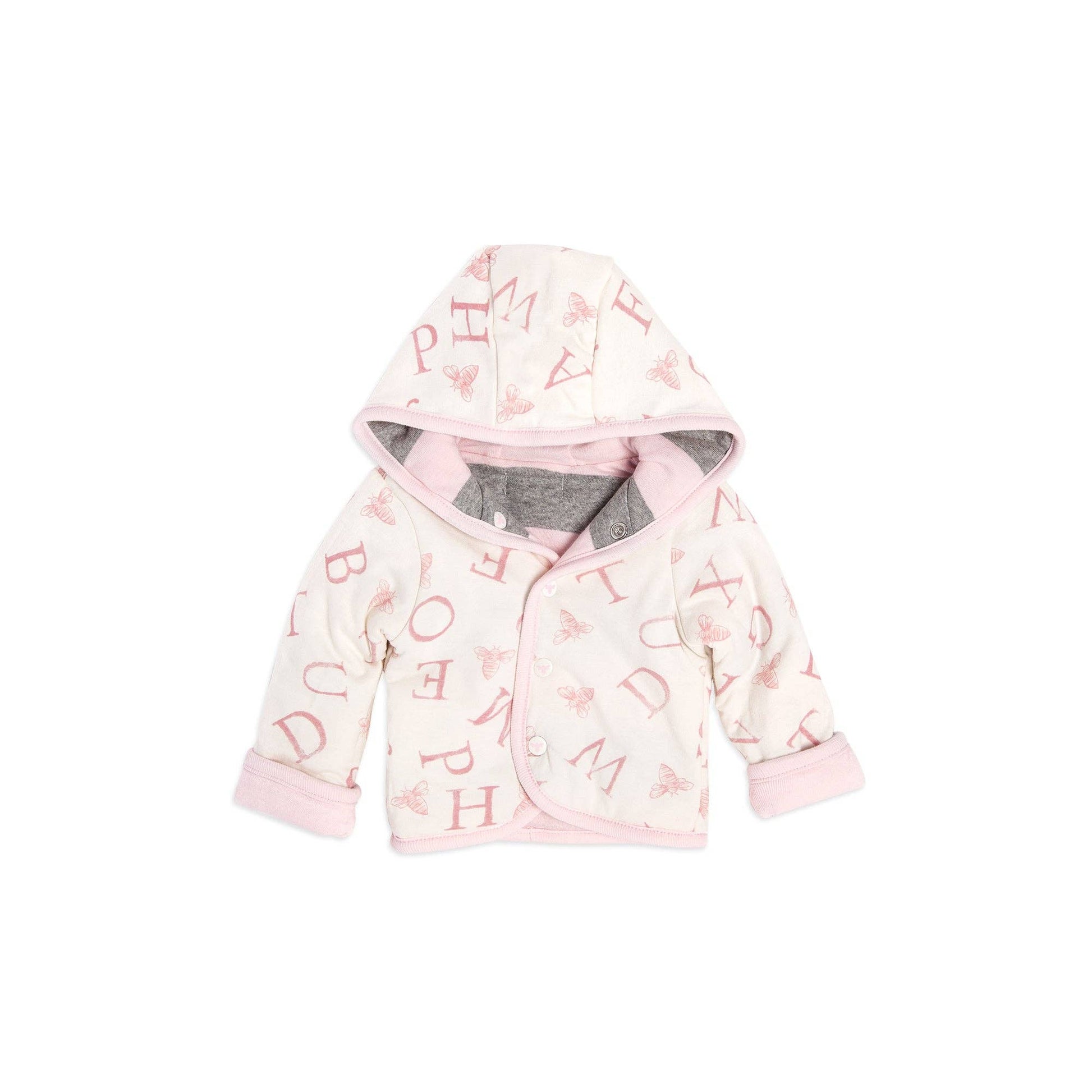 Reverse side hooded infant jacket with letter pattern on a white background