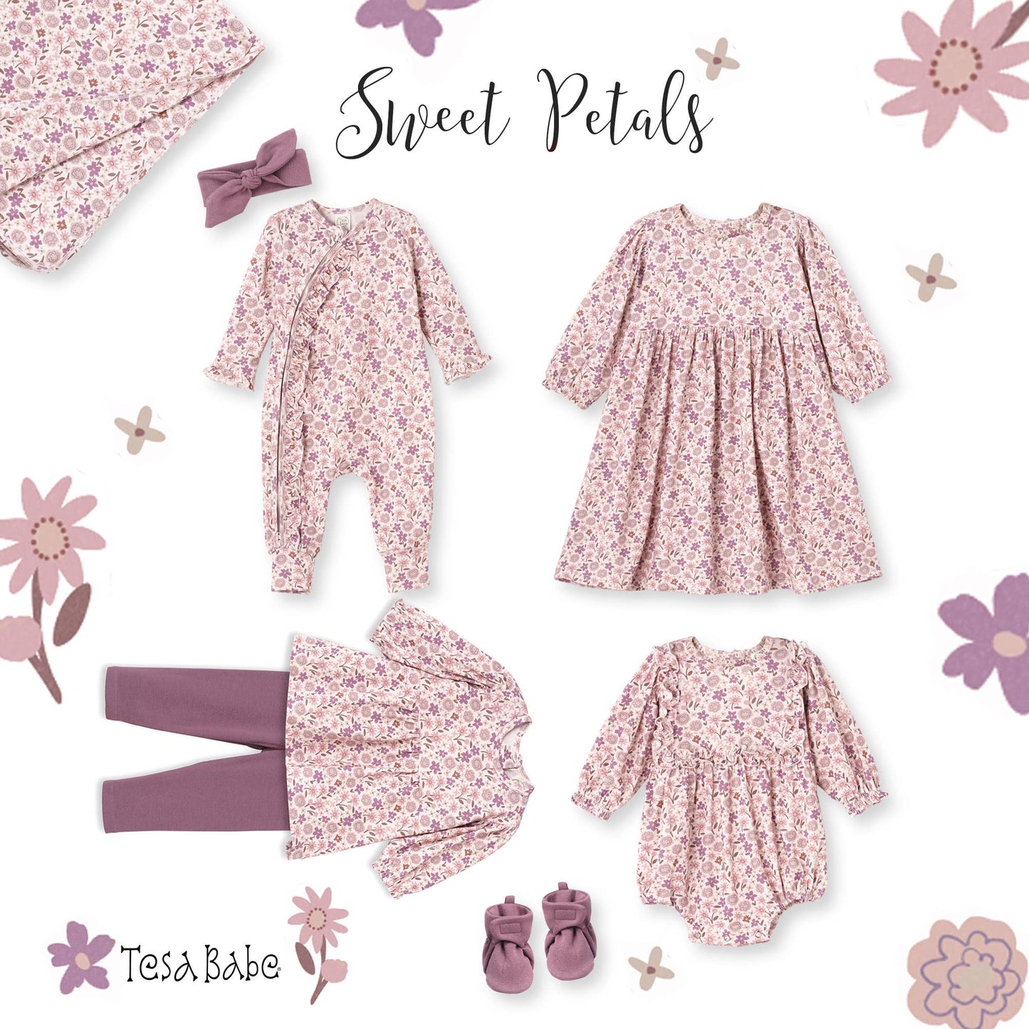 Collection of children's floral clothing and accessories with 'Sweet Petals' text on a floral background.