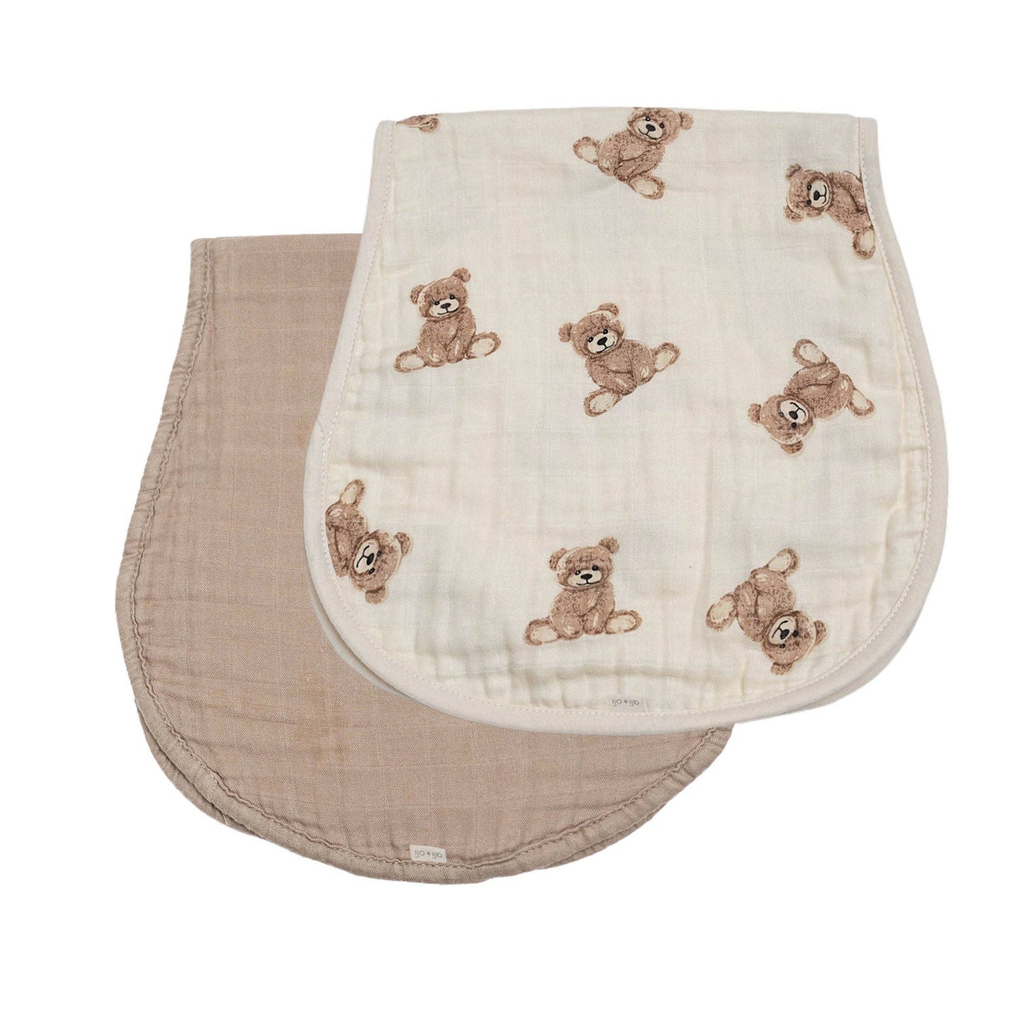 Two baby burp cloths with teddy bear pattern on a white background