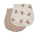 Two baby burp cloths with teddy bear pattern on a white background