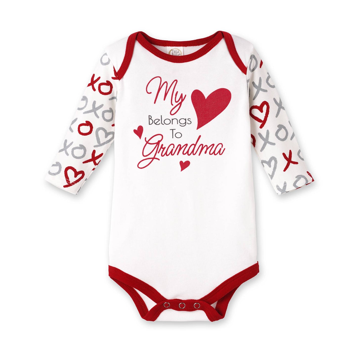 Baby romper with 'My Heart Belongs To Grandma' text and heart patterns on a white background