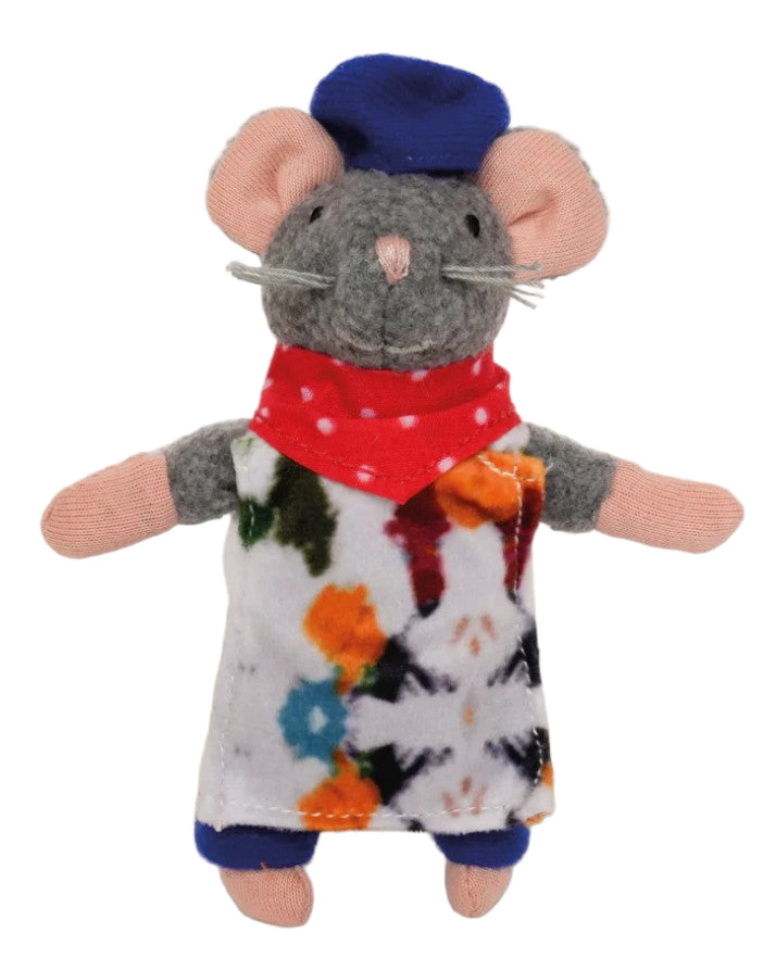 The artist mouse toy with a blue hat, red scarf, and floral outfit on a white background