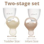 Two-stage baby pacifier set with sizes labeled for toddlers and infants, branded 'ali+oli'.