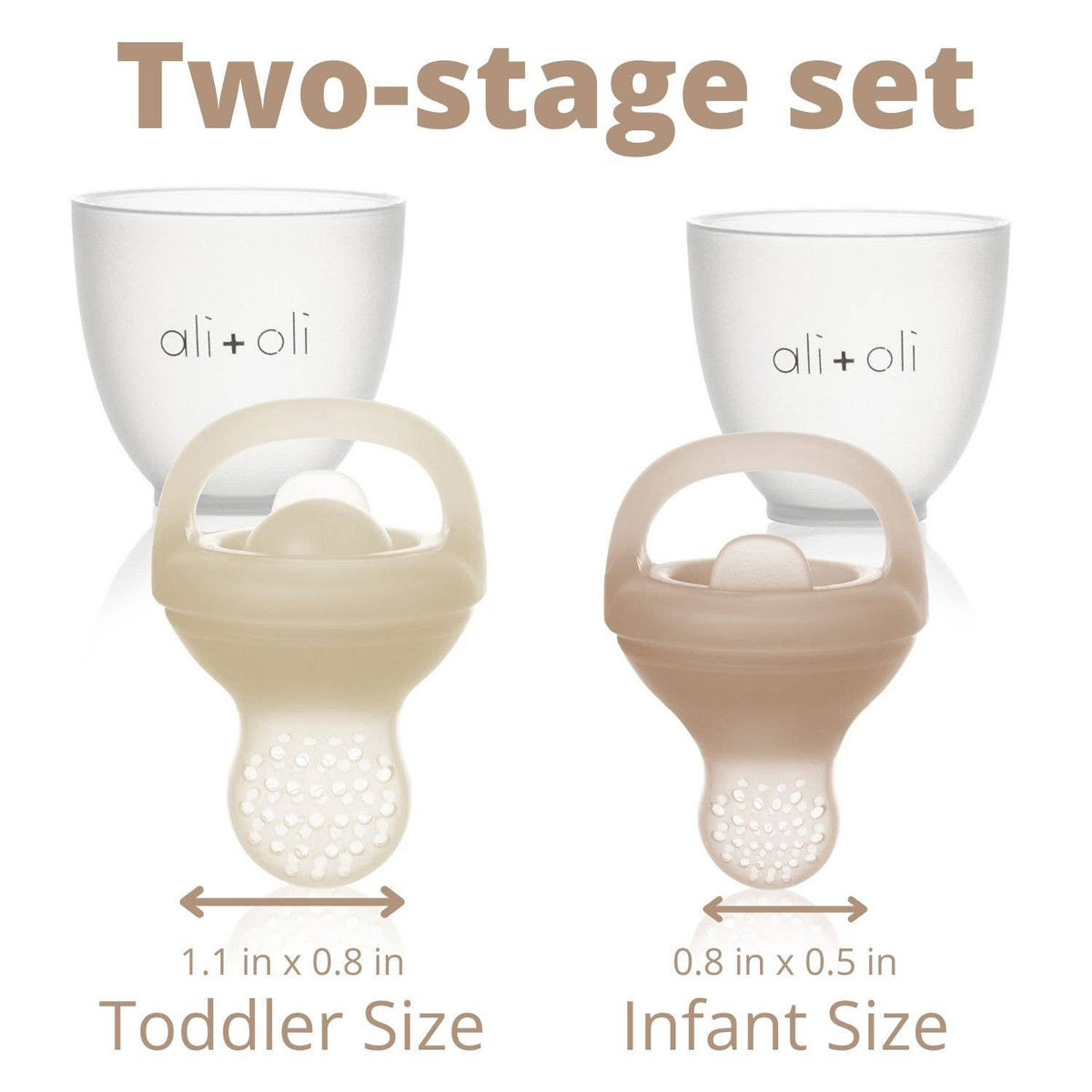 Two-stage baby pacifier set with sizes labeled for toddlers and infants, branded 'ali+oli'.