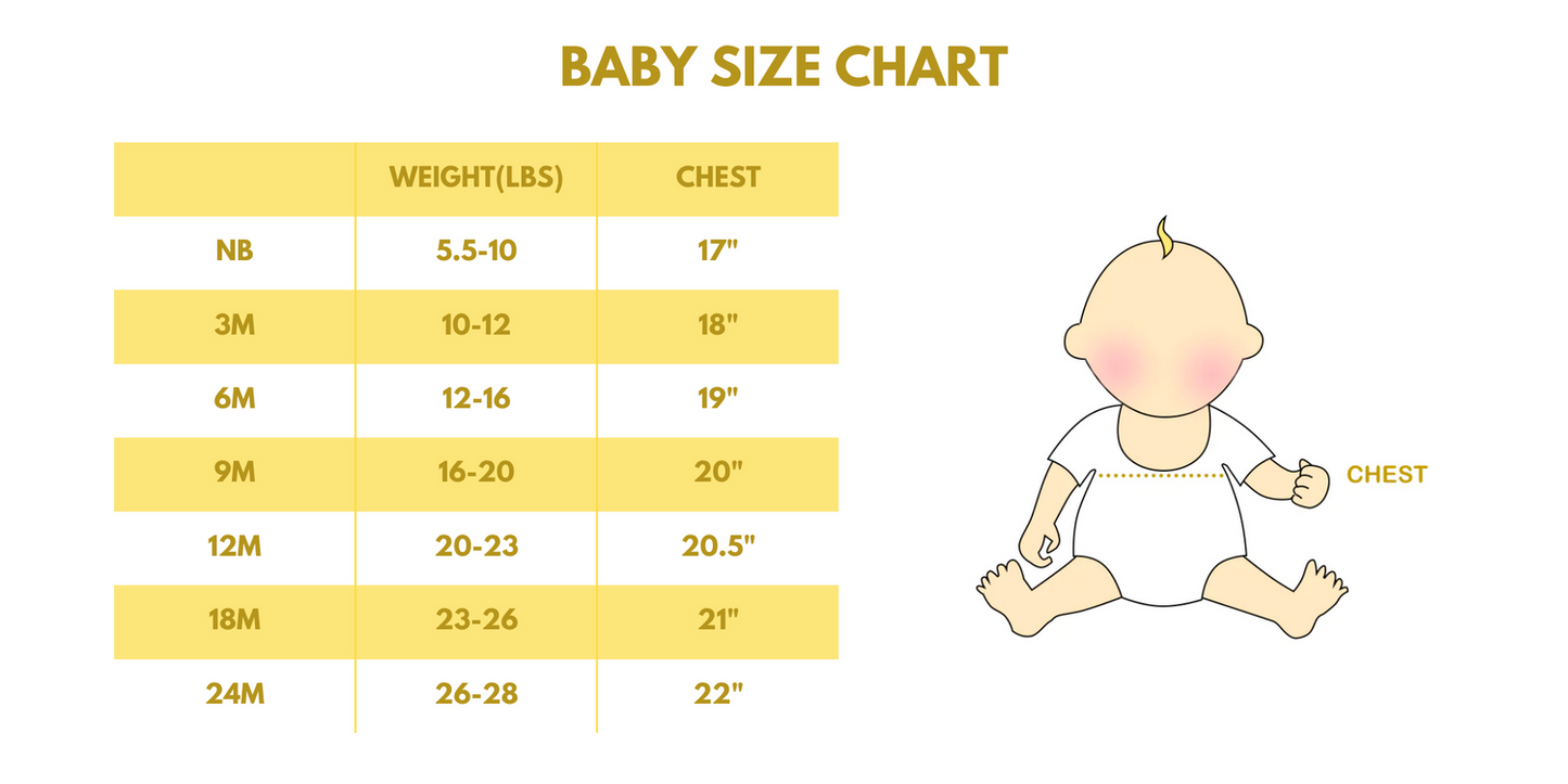 Baby size chart with weight and chest measurements in pounds and inches, featuring a baby illustration.