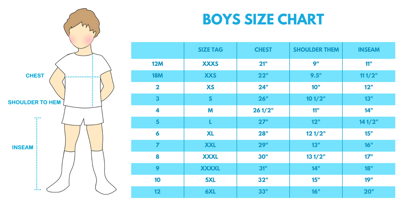 Boys size chart with measurement guide and boy figure illustration