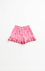 Girls Pink shorts with ruffled details on a white background