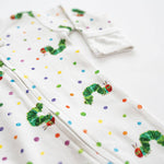 baby footie set with colorful polka dots and caterpillar design on a white background