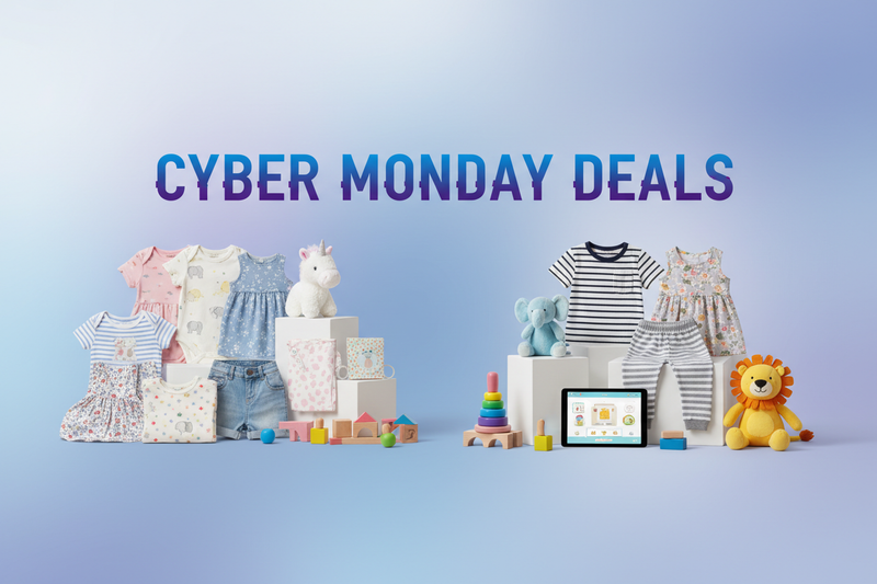 Words Cyber Monday Deals. Picture of Children's and baby clothing. Some toys. No Shoes. 